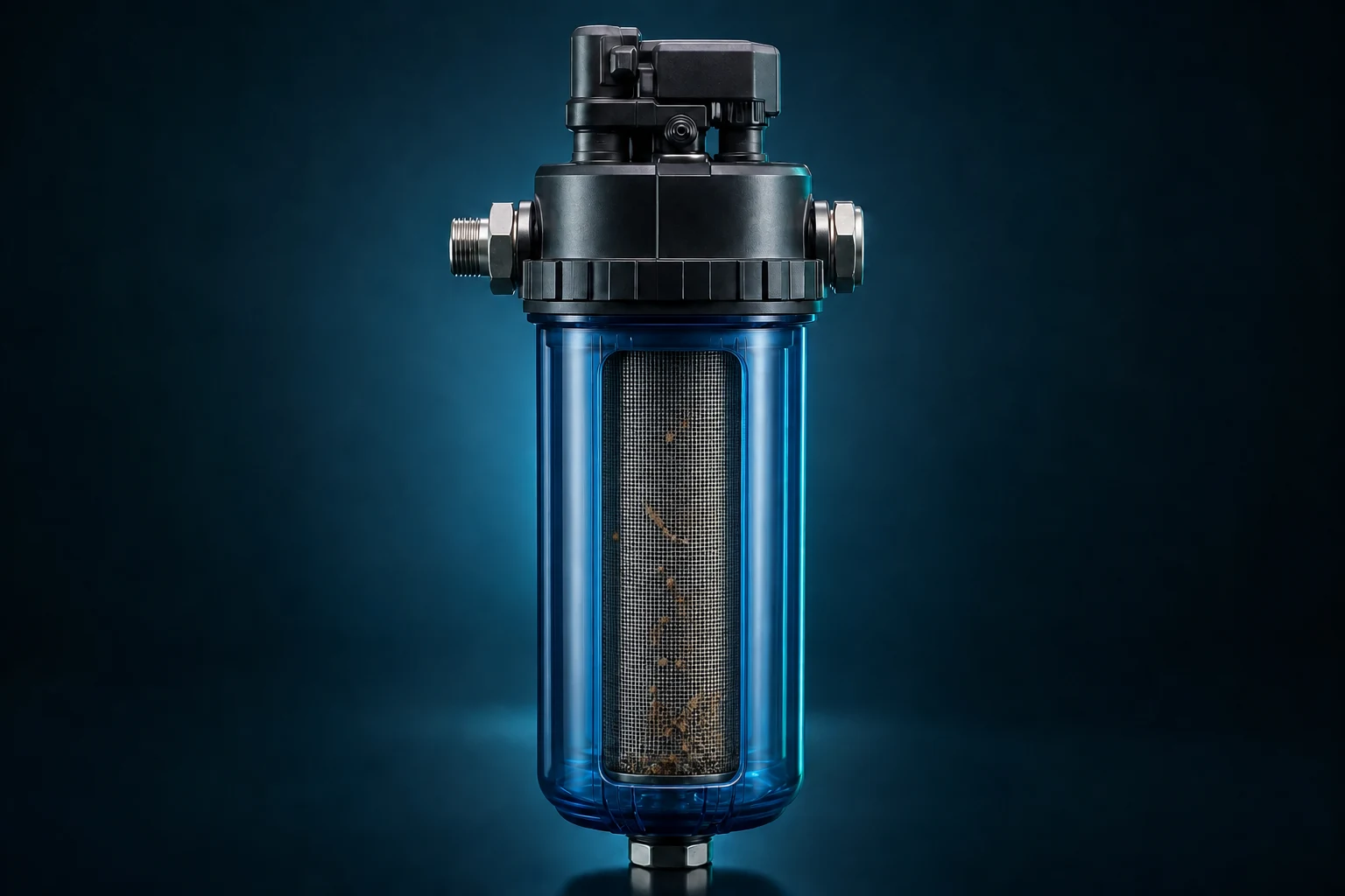 Prefiltro autolimpiante Koriva Water Tech, corte mostrando la malla con sedimento retenido